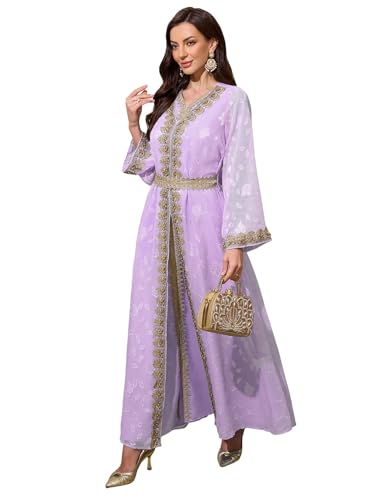 Abaya Dress for Women Muslim Moroccan Maxi Kaftan Dress Arabic Islamic Dubai Robe Ramadan Prayer Clothes(Lilac, M)