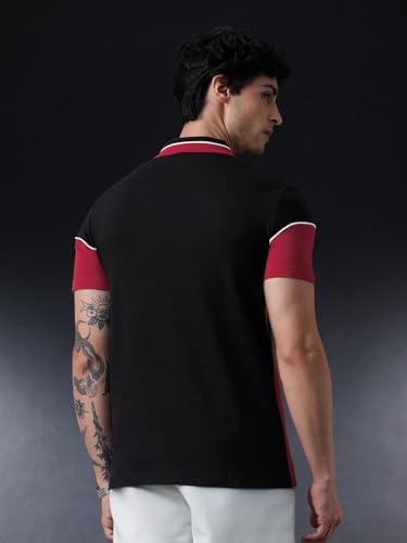 Image of The Souled Store Official Avengers Suit Men and Boys Regular Fit Half Sleeves Graphic Printed Cotton Black Color Zipper Polo T-Shirt (220355)