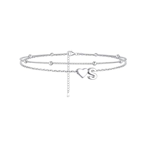 ChicSilver Sterling Silver Anklets for Women Hypoallergenic Womens Ankle Bracelets for Women Layered Heart Anklet With Initials Womens Anklets Jewelry for Mom Wife 01.S