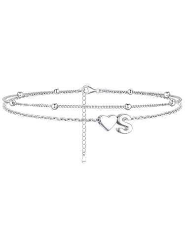 Image of ChicSilver Sterling Silver Anklets for Women Hypoallergenic Womens Ankle Bracelets for Women Layered Heart Anklet With Initials Womens Anklets Jewelry for Mom Wife