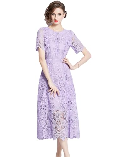Image of Womens Vintage High-End O-Neck Short Sleeve Lace Hollow Out Dress Slim Elegant Long Dress