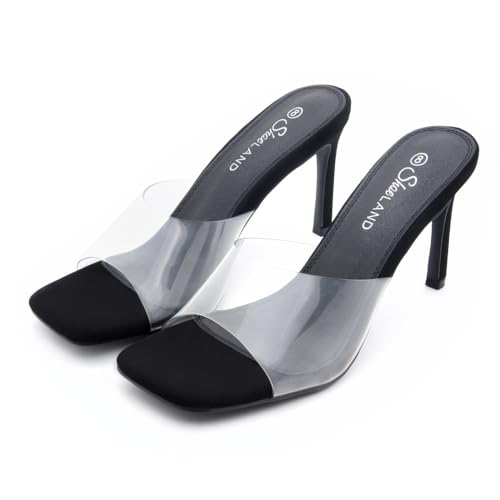 Image of Shoe Land Melrose Women's High Heels Stiletto Heeled Slides, Square Open Toe One Band Slip-On Heeled Mules - Dressy Clear Heeled Sandals for Prom Party Wedding and Vacation