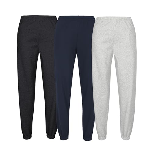 Image of Fruit of the Loom Pack of 3 Classic Elasticated Cuff Jog Pants Jogging Bottoms Training Trousers Men + Web-Textilien24 Fabric Bag - XS S M L XL XXL 3XL - Various Colour Sets, Black + Deep Navy +