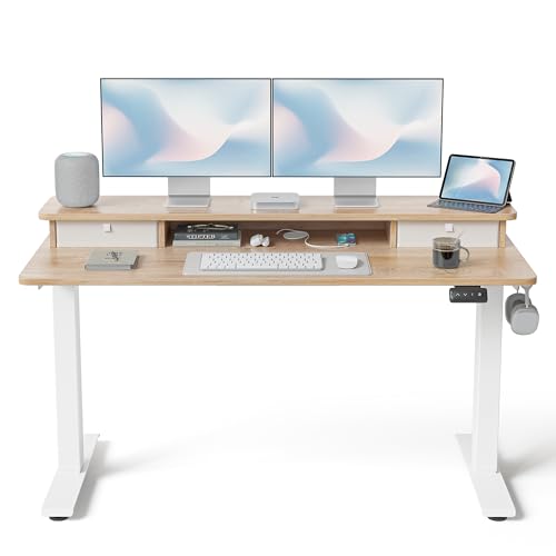 Image of FEZIBO 55 x 24 Inch Height Adjustable Electric Standing Desk with Double Drawer, Stand up Home Office Computer Desk with 4 Height-Adjustable Feets & 2 Hooks, Maple