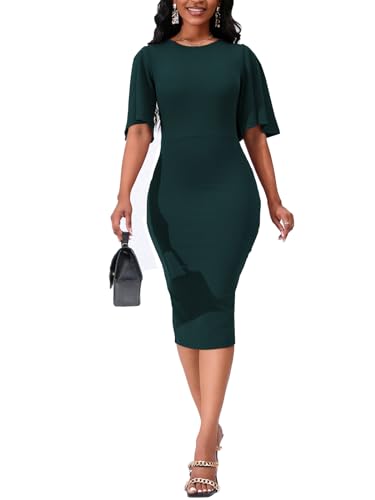 Image of WanMem Womens Basic Bodycon Ruffle Flared Short Sleeve Pencil Midi Dress