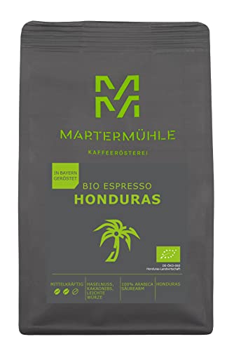 Martermühle Honduras Bio Espressobohnen 500g mittelkräftig I Arabica I Aromen: Haselnuss, Kakaonibs, Leichte Würze I Ganze Bio Espresso-Bohnen schonend geröstet, säurearm Cover