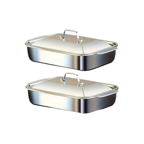 Generico Set di 4 teglie da forno in acciaio inossidabile con coperchi, piatto profondo 16''x9'' for pesce/pasta/grigliare pentole adatte al e lavastoviglie,2 l