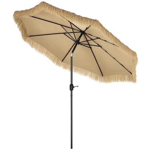 Outsunny Parasol de jardin extérieur à franges 2,65 m parasol inclinable avec ouverture fermeture manivelle toile 180 g/m², 8 baleines, style Hawaïen pour balcon, piscine, terrasse, kaki