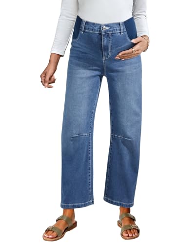 BLENCOT Women's Maternity Baggy Jeans Elastic Waist Stretch Barrel Jeans Side Panel Loose Pregnancy Denim Pants P605 Blue S