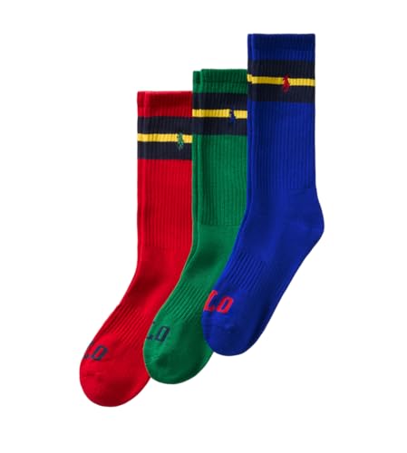 Polo Ralph Lauren Mens Socks Vintage Stripe Crew Sock - 3 Pack - Red, Green, Blue with Polo Pony