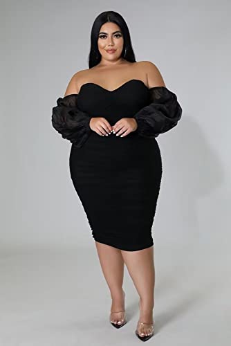 Women's Plus Size Off The Shoulder Mesh Long Sleeve Bodycon Ruched Midi Party Cocktail Dress2