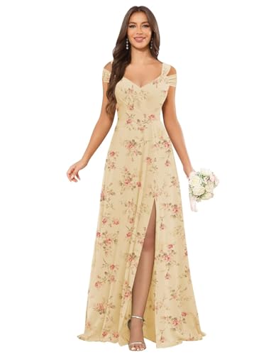 Image of petyoo Off Shoulder Chiffon Bridesmaid Dresses with Slit Long Formal Evening Dress