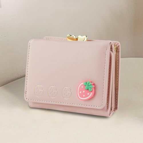 Trifold Women Wallets, Cute Small Purses for Women, PU Leather Mini Coin Purse with 7 Card Slots and 1 ID Window(Pink)
