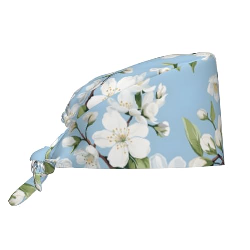 Gorro de trabajo transpirable con diseño de flor de pera blanca, para enfermería, médico, cirujano, unisex, para mujeres y hombres, con lazo elástico