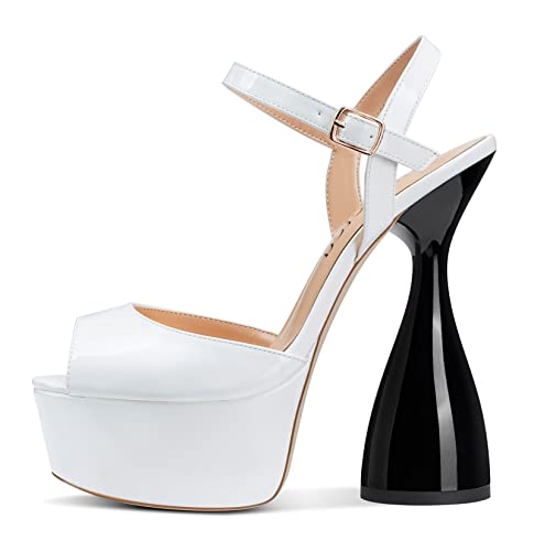 Saekcted Sandales à Talon Haut et Plateau pour Femmes Bout Ouvert Bride Cheville Sandale Chaussures à Talon de 15CM pour Le Mariage Blanc Vernis 43 EU Cover