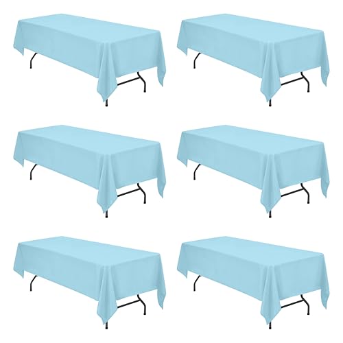 Image of BRILLMAX 6 Pack Light Blue Tablecloths 60 x 126 Inch for 8ft Rectangle Tables - 150 GSM Polyester Fabric, 15 inch Standard Drop, Water, Stain & Wrinkle Resistant Cloth Cover for Wedding Dining Buffet
