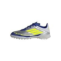 adidas Unisex Kids F50 League Football Boots Turf, Silver Metallic/Solar Yellow/Lucid Blue, 4 UK