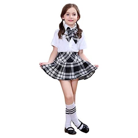 Girl`s Plaid Navy Clothing Elasticated Pleated Skirt(Child S, White Black) Cover