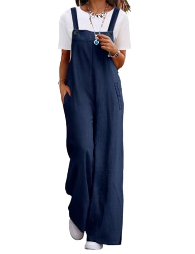 YESNO Damen Latzhose Lässiger Cord-Overall für Damen Verstellbarer Schultergurt Baggy-Hose Weites Bein Jumpsuits mit Taschen L PC2DE Navy Blau