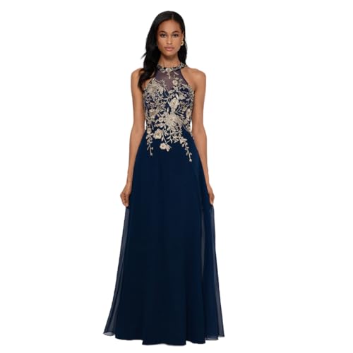 Image of Betsy & Adam Women's Long Embroidered Halter Chiffon Gown