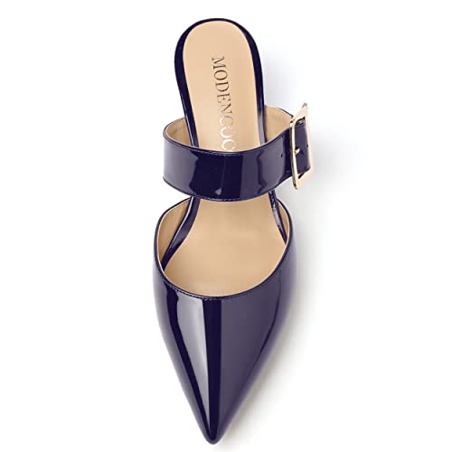 MODENCOCO Women's Adjustable Strap Buckle Patent Solid Pointed Toe Chunky Low Heel Mules Evening Dress Pumps Shoes 2 Inch3