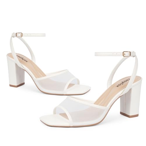 Image of Easyfox Open Toe Chunky Heel Sandals for Women Ankle Strap 3 Inch High Heels Dress Wedding Block Shoes