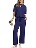 Picture of Sampeel 2 Piece Sets Summer Outfits for Women Short Sleeve Lounge Sets Wide Leg Crop Pants Set Matching Sets Women Clothing Cruise Outfits Dark Blue S
