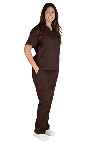 Natural Uniforms Solid V-Neck Women's Scrub Set Medical Scrub Tops and Pants (Medium, Brown)