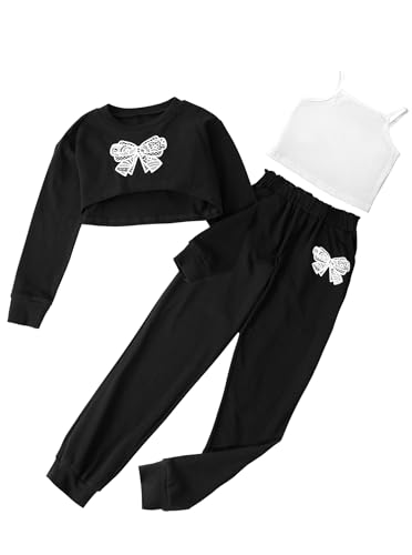 Image of Girls 3 Piece Outfits Long Sleeve Graphic Print Crop Top Camisole and Pants Set White Black 11-12Y