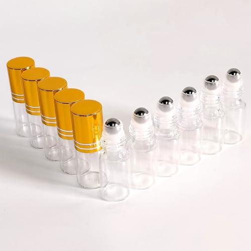 50 PCS Essential Oil Roller Bottles 3ml Clear Glass Roller Bottles with Stainless Steel Roller Ball,Gold Caps,for Travel Perfume-2 Funnels, 2 Dropper, 1 Opener(3ml)3