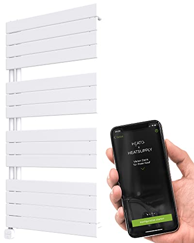 HEATSUPPLY® Handtuchheizkörper elektrisch weiß 600x1222mm Badheizkörper elektrisch mit Thermostat inkl. 600 Watt Heizstab No. 6 mit App Cover