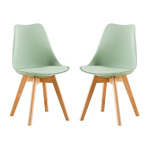 EGGREE Lot de 2 Chaises de Cuisine en Bois SGS Tested Rétro Rembourrée Chaise de Salle de Bureau avec Pieds en Bois de Hêtre Massif, La Glace Verte