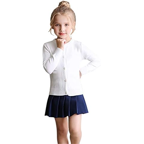 SMILING PINKER Little Girls Crewneck Cardigans Button Knitted Uniform Sweaters Solid Long Sleeves(6-7 Years,White) Cover