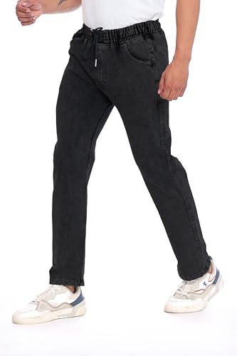 Image of Men's Denim Joggers, Regular Fit, Mid Rise, Stretchable Cotton Blend, Drawstring Waist, Soft Fabric, Multiple Pockets, Tapered Leg Casual Pants