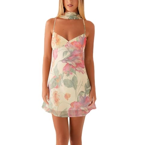 Women Y2k Floral Mini Dress Flower Halter Sheer Mesh Tie Back Short Dresses Summer Sexy Party Dress with Scarf