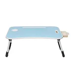 Amazon Basics Engineered Wood Foldable Laptop Table with Cup Holder, Tablet Groove and Mini Drawer (Blue)