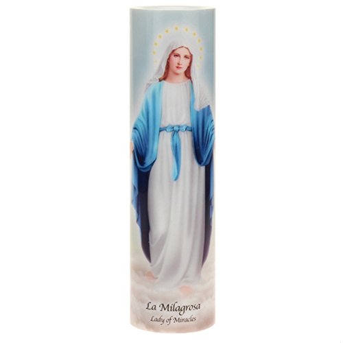 Lady of Miracles LED Flameless Devotion Prayer Candle, Religious Gift, 6-Hour Timer for More Hours of Enjoyment and Devotion! Dimensions 8.1875