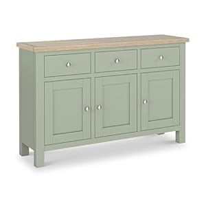 RoselandFurniture Farro Sage Green Large Sideboard for Living Room with Washed Oak Top | Fully Assembled | Contemporary Painted Solid Wooden 125cm 3 Door Buffet Cabinet for Dining Room
