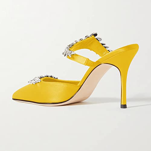 FOWT Women’s Studded Crystals Stiletto High Heel Slippers,Backless Slip On Makeup Party Pumps for Lady,Pointy Toe Satin Evening Dress Party Shoes3