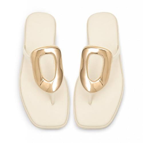 Image of Wnshonzy Flip-Flops for Women Thong Sandals Flat Slip on Slides Beach Comfort Open Square Toe Ladies Slipper Dressy Metal Hardware Decoration Summer Shoes Casual Fashion