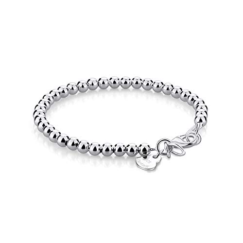 Dankadi New Women's 925 Sterling Silver Bracelet Minimalist 4-6Mm Round Bead Chain Solid Silver Bracelet Charm Jewelry Lobster Claw Clasp (Silver 4Mm20Cm) #TOP11