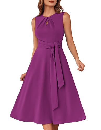 Damen Abendkleider Ärmellos Rundhals Cocktail Hochzeit Formelles Kleid mit Seitlichen Trägern Rosenrot L