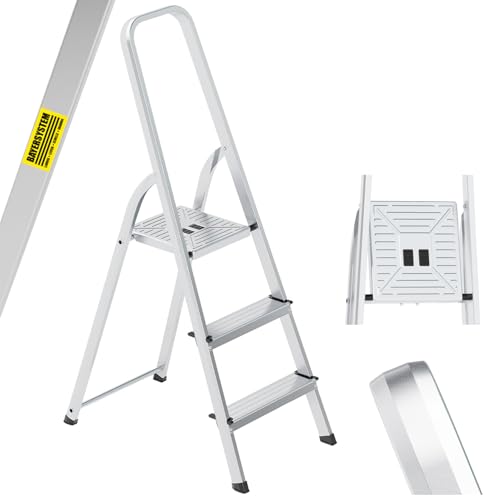 Bayersystem Aluminium-Stehleiter, 3-stufig, leicht, klappbar, tragbar, robust, breite Plattform, 150 kg Tragkraft, rutschfeste Füße, Mehrzweckleiter für Haushalt, Lager, Büro