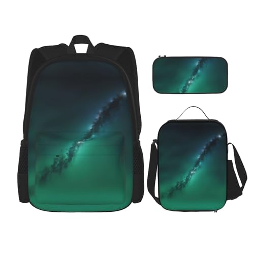 Galaxy Green Print 3 Piece Set Backpack, Lunch Bag, Pencil Case, Cute Sturdy For College And Travel