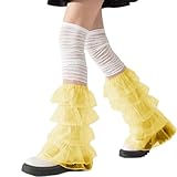 【Design】Pom Pom y2k Organza Sommer Rüschen Beinstulpen, Spitze Patchwork, mehrschichtiger gerüschter Saum schafft einen romantischen Look, die erwachsenen Beinstulpen sind an den Beinen fixiert, fallen nicht leicht ab, bequem und warm, können Ihnen eine gute Übereinstimmung bringen.