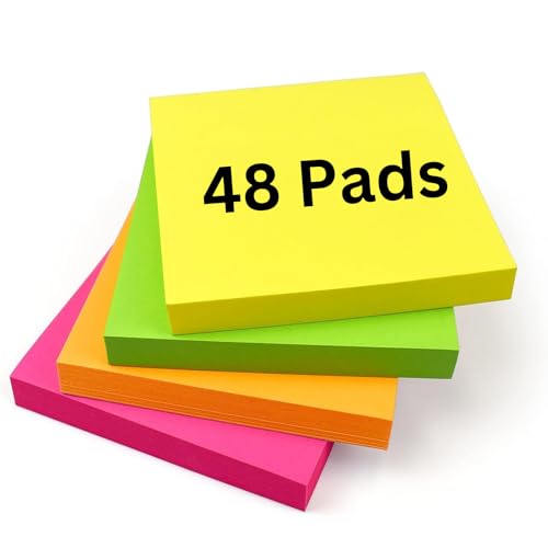 4800 notas adhesivas brillantes de 76 x 76 mm, 48 blocs de 100 hojas, notas coloridas en amarillo, rosa, naranja, verde o melocotón, toma de notas, recordatorios, lista de verificación