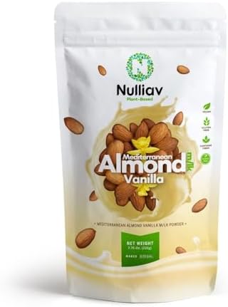 NULLIAV | Almond Milk Powder Vanilla - High Protein Blend with Prebiotic Fiber powder For Gut Health and Digestion - Vegan Plant Based Dairy Free Formula For Lactose Intolerance - 7.75oz Bag Portable Convenient