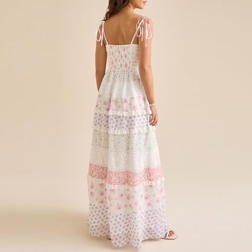 Image of SOOKABEILA Women Y2k Boho Maxi Dress Floral Lace Sheer Tiered Flowy Cami Long Dress 2025 Summer Smocked Beach Sundress