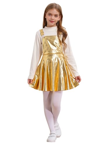 Kids Girls Suspender Overall Dress Metallic Adjustable Strap Jumper Holographic Skater Skirt Dress