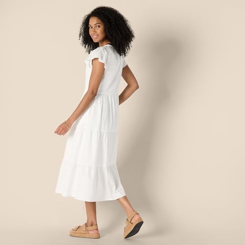Amazon Essentials Women's Relaxed-Fit Cotton Sateen Crewneck Tiered Midi Dress with Flutter Sleeves, Back Button Closure, White, X-Small - image 2